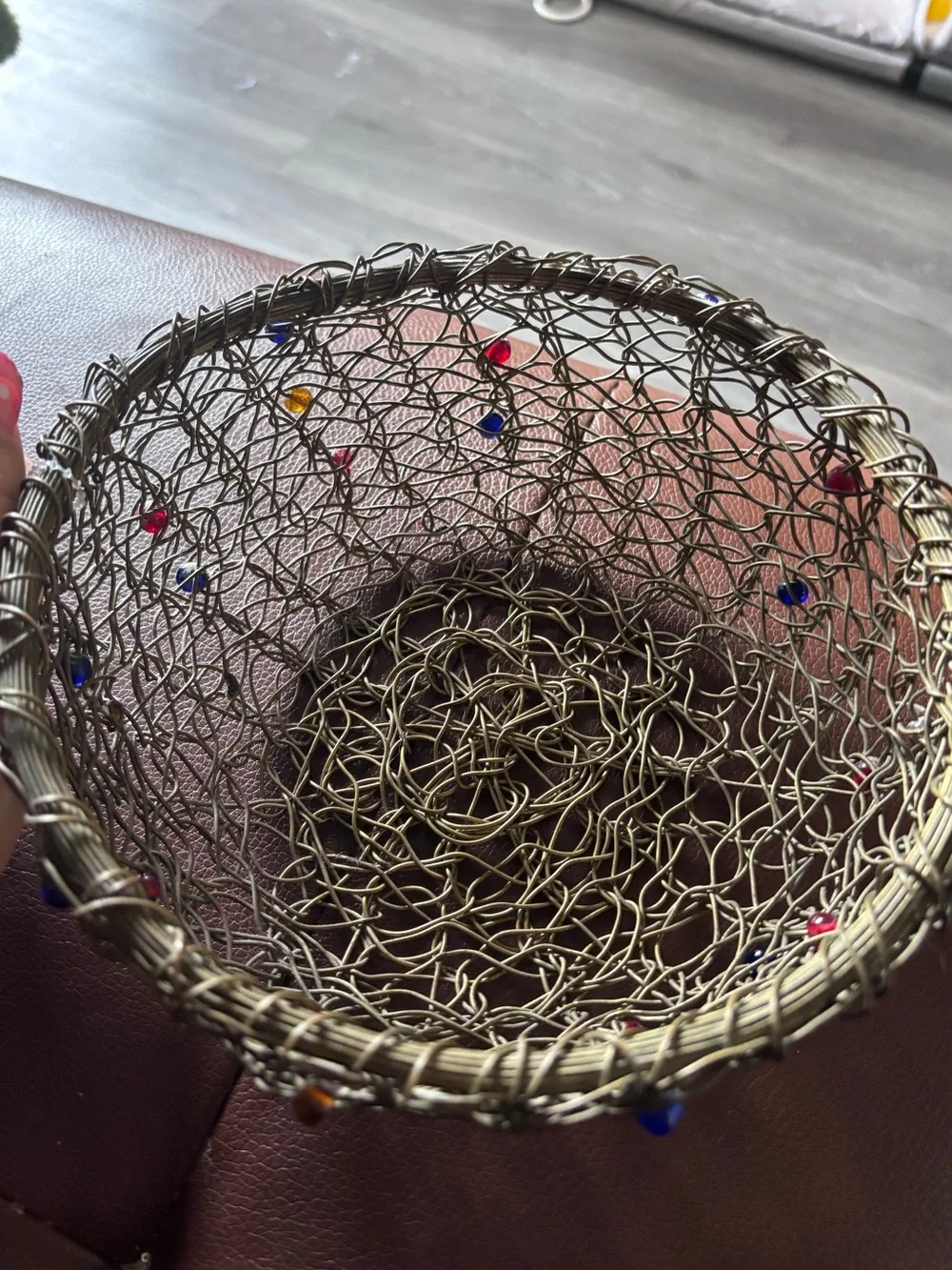 Handwoven Brass Wire Decorative Bowl with Multicolor Glass Beads